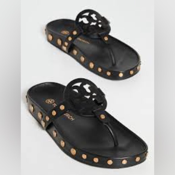 NWT Tory Burch Miller Cloud  Gold Coin Thong Sandals Perfect Black Size 11 M - Picture 5 of 11